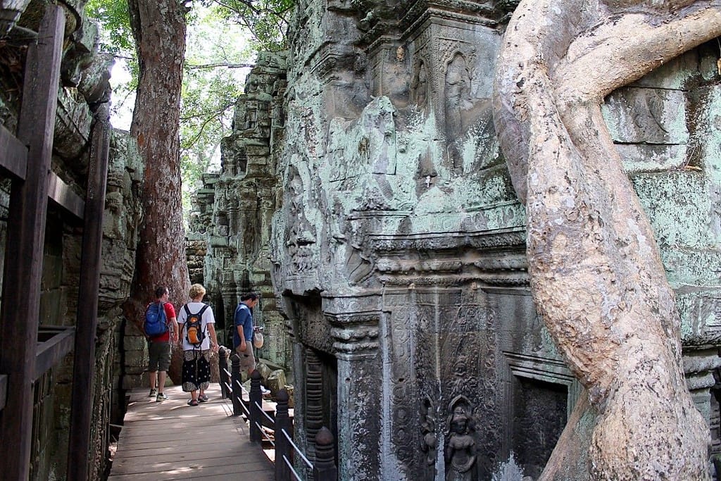 Ta Prohm temple entrance with massive tree roots engulfing the stone structure at Angkor, Cambodia