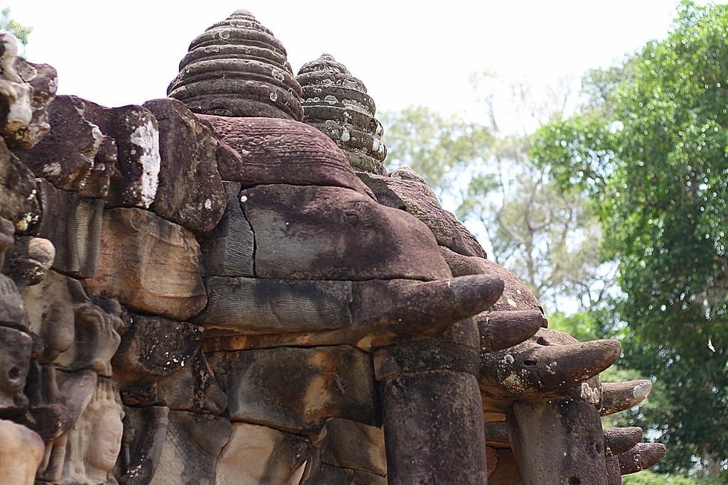 The Terrace of the Elephants with carved stone elephant sculptures at Angkor Thom, Cambodia