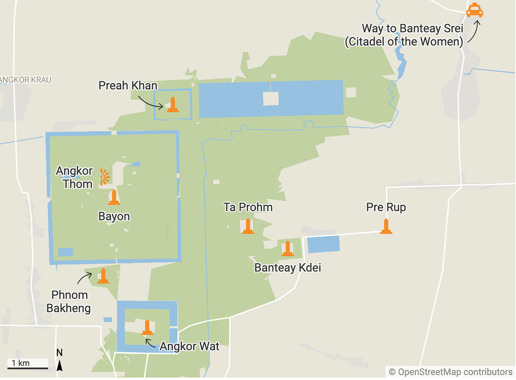 Map showing the Small and Grand Tour circuits for visiting Angkor temples in Siem Reap