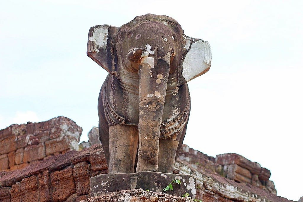 Stone carved elephant sculpture at East Mebon temple in the Angkor complex, Cambodia