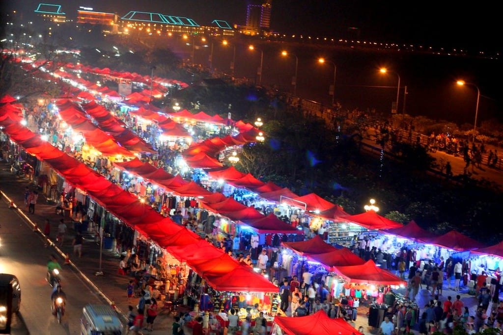 Night market stalls along the Mekong River in Vientiane, Laos
