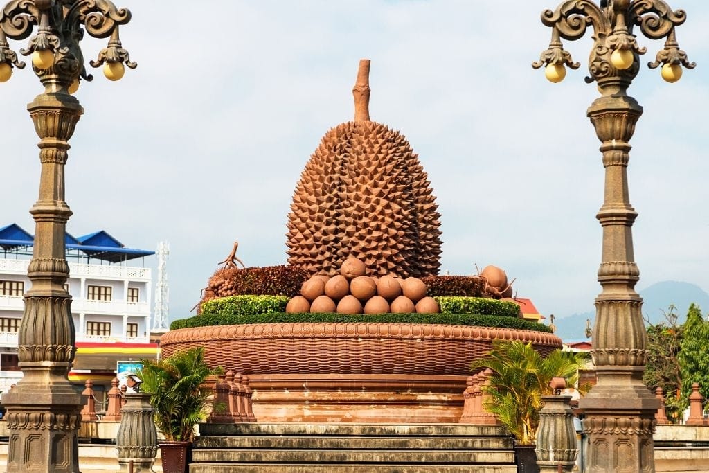 The iconic giant Durian statue at a roundabout in Kampot town