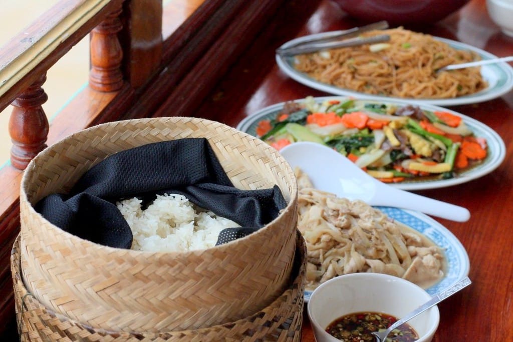 Fresh lunch dishes served aboard the Mekong River slow boat cruise