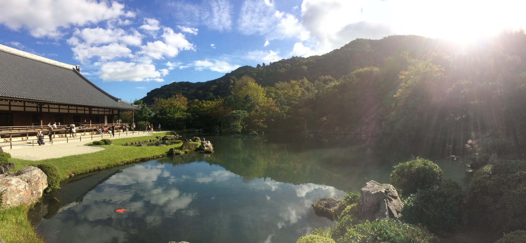 Sogenchi Garden at Tenryu-ji reflects sky, mountains and autumn trees — Arashiyama, Kyoto, Japan
