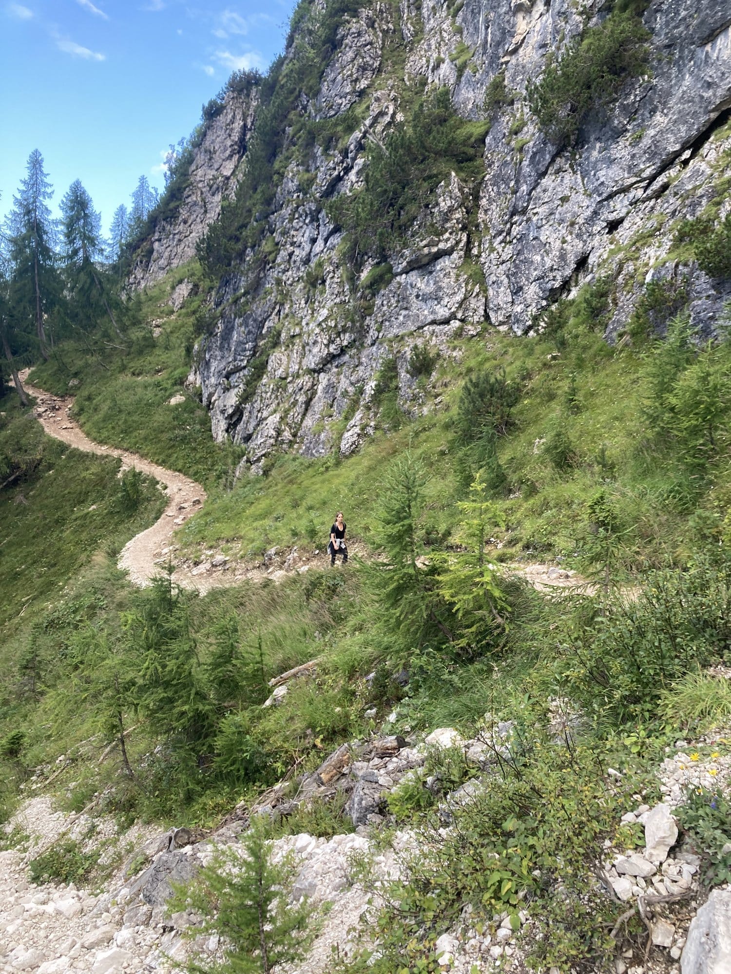 Forest switchback trail on the return from Lago di Sorapis — Dolomites, Italy