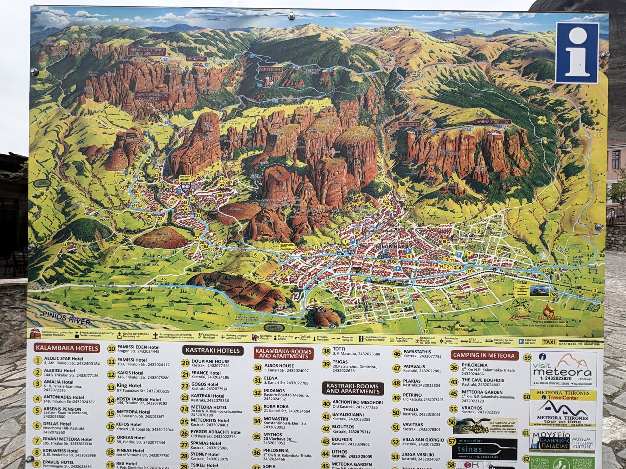 Tourist information map of Kalambaka and Kastraki with hotel listings — Meteora, Greece