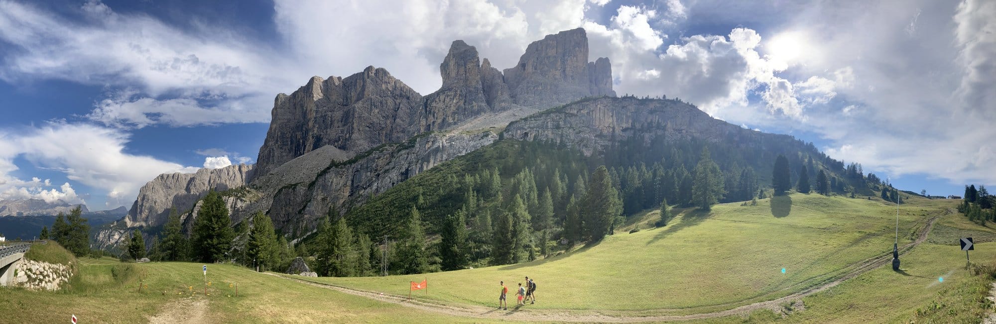 Panoramic view of Dolomite formations from the Passo Gardena road โ Dolomites, Italy