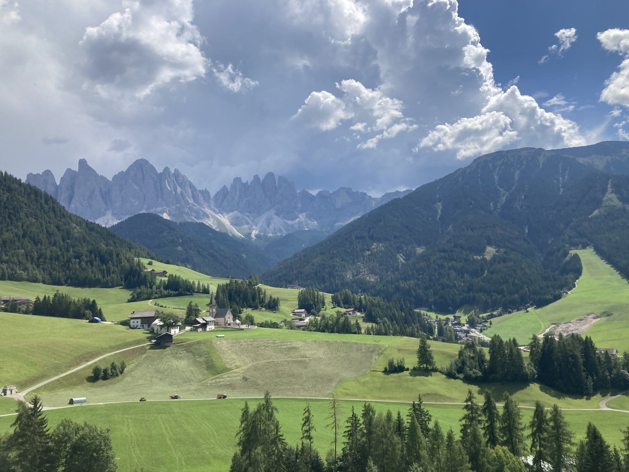 Panoramic view over Santa Maddalena village with the Odle peaks โ Val di Funes, Dolomites
