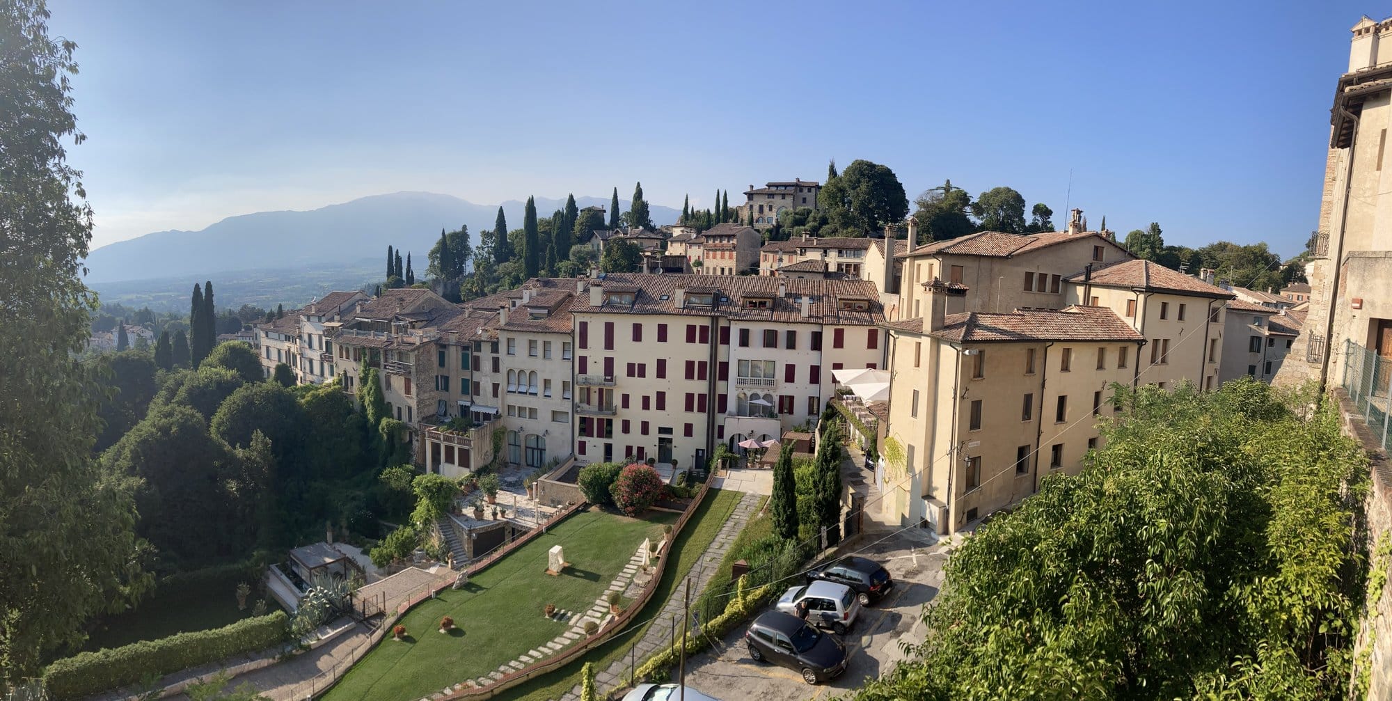 Panoramic view over Asolo's rooftops and the Veneto hills — Asolo, Italy