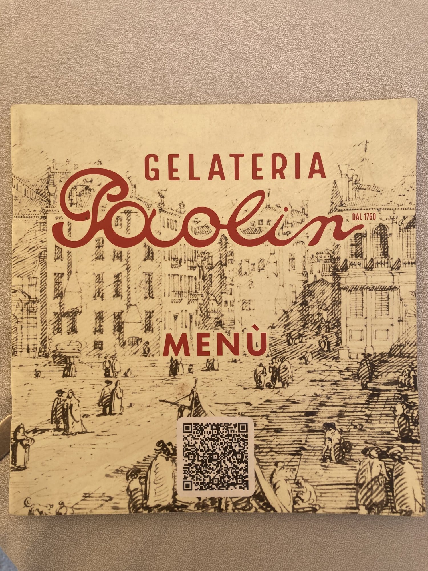 Vintage menu of Gelateria Paolin, serving since 1760 — Dorsoduro, Venice
