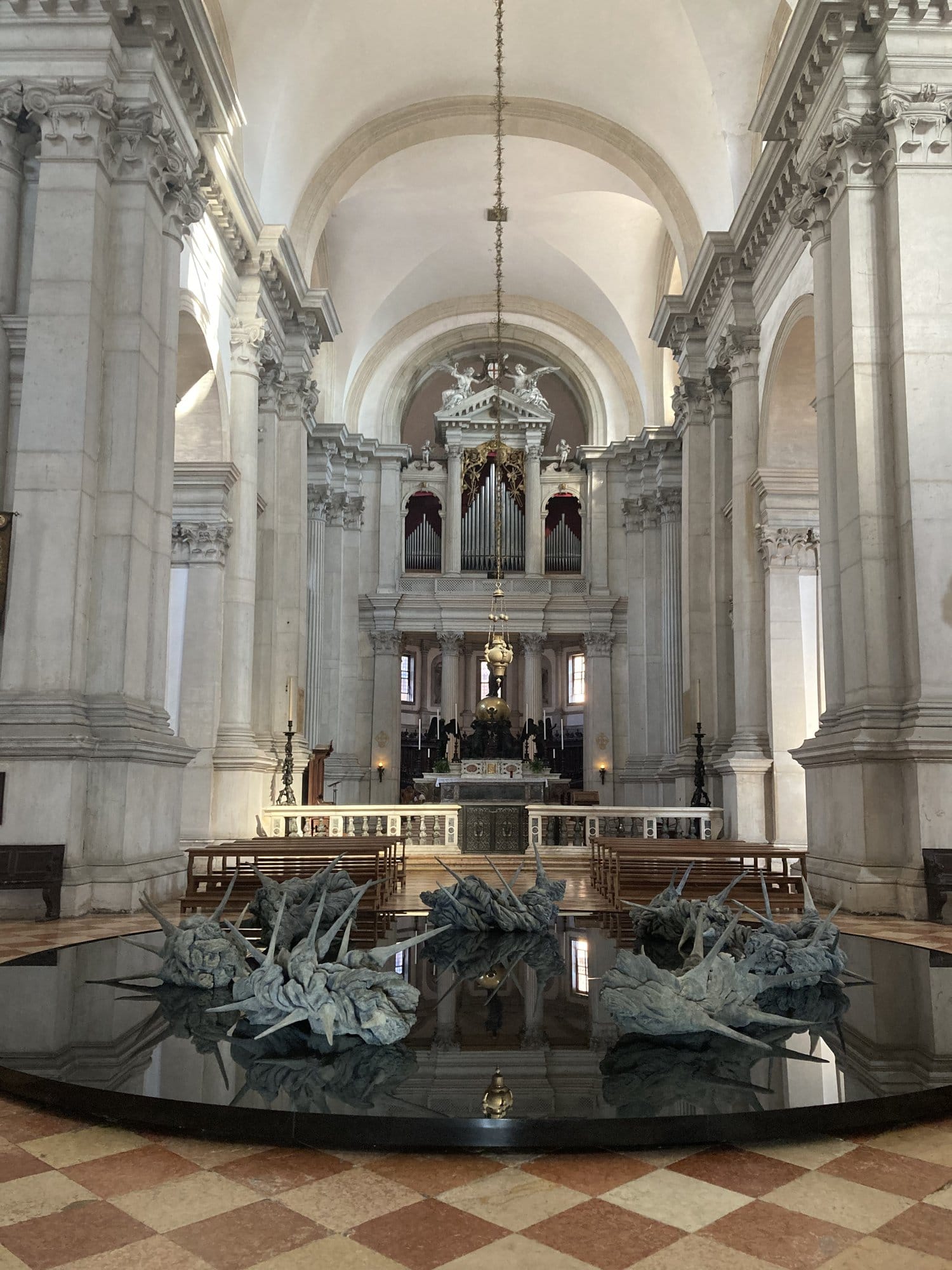 Contemporary art installation inside San Giorgio Maggiore basilica — Venice, Italy