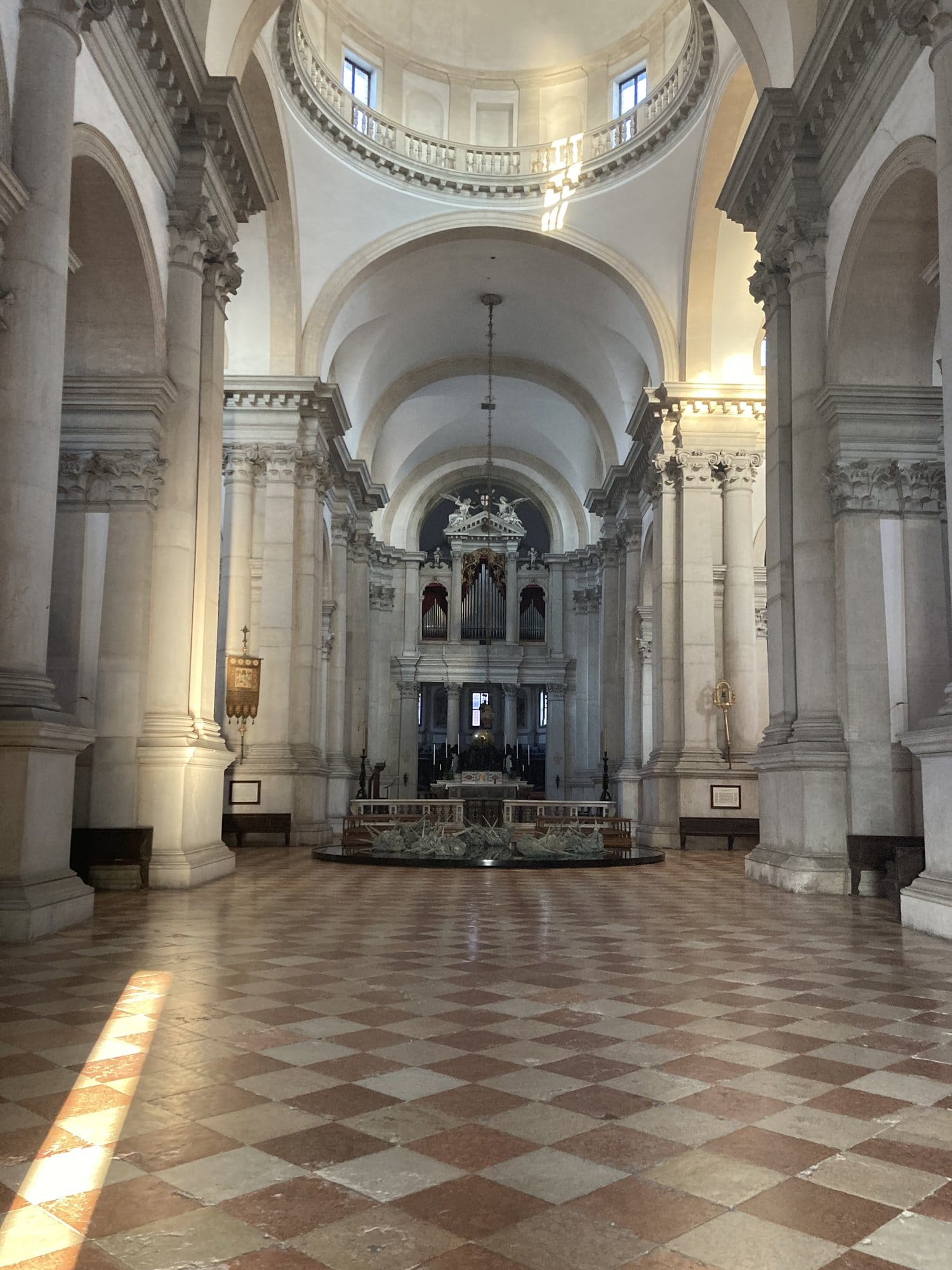 San Giorgio Maggiore interior bathed in golden evening light — Venice, Italy