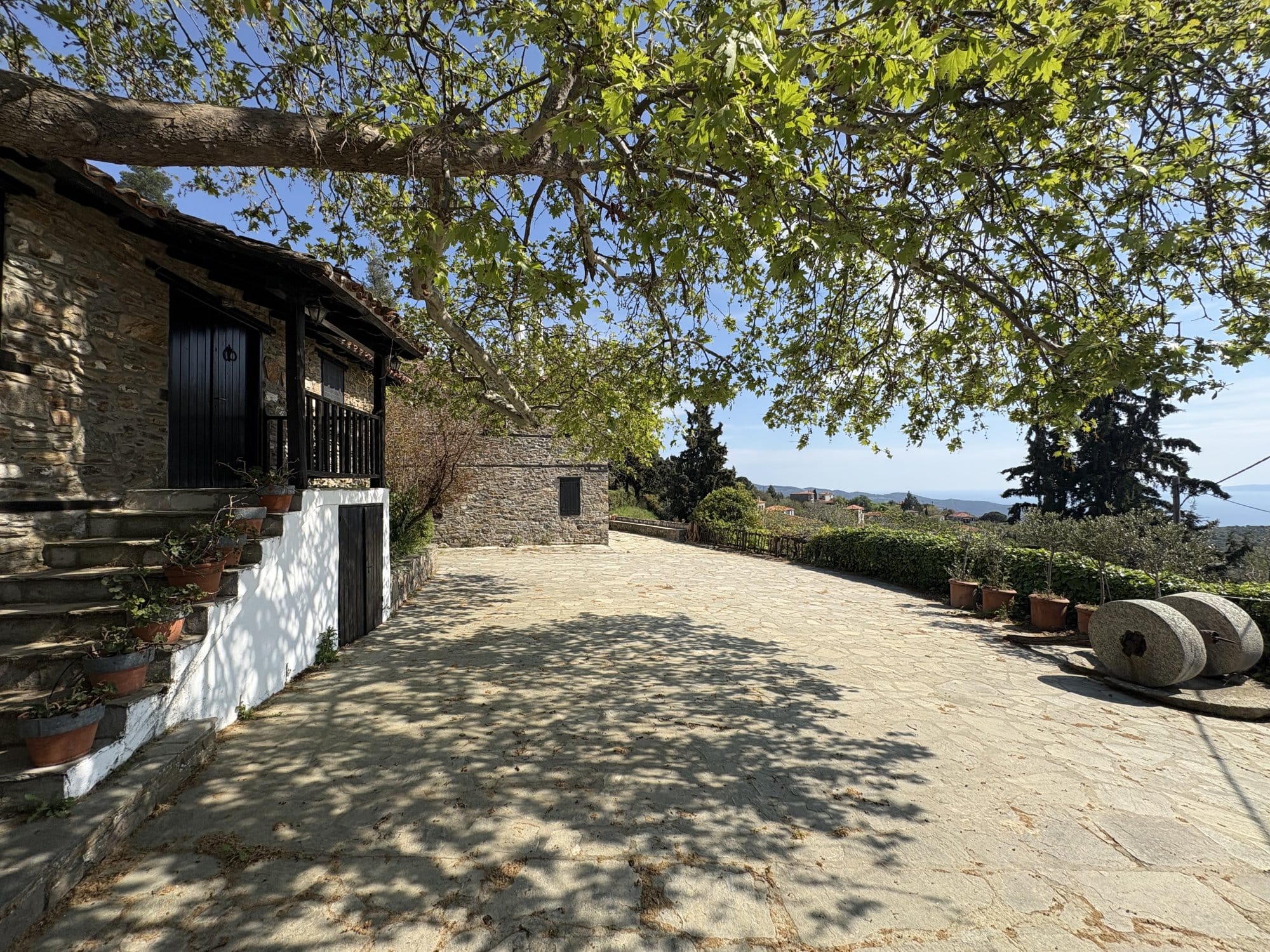 Cour d'une maison de Parthenonas avec un arbre en surplomb et de vieilles meules — Grèce
