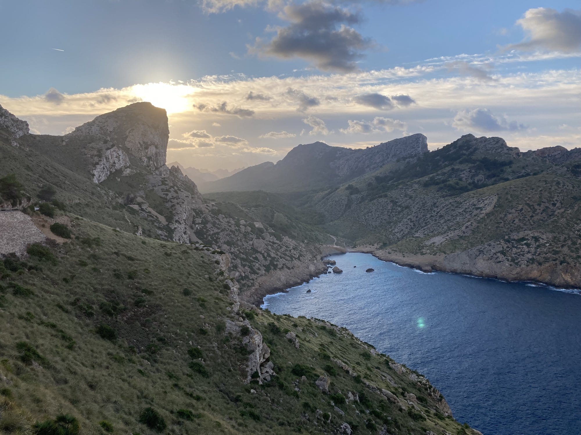 Sheltered valley with Mediterranean vista captured at sunset — Cap de Formentor, Spain