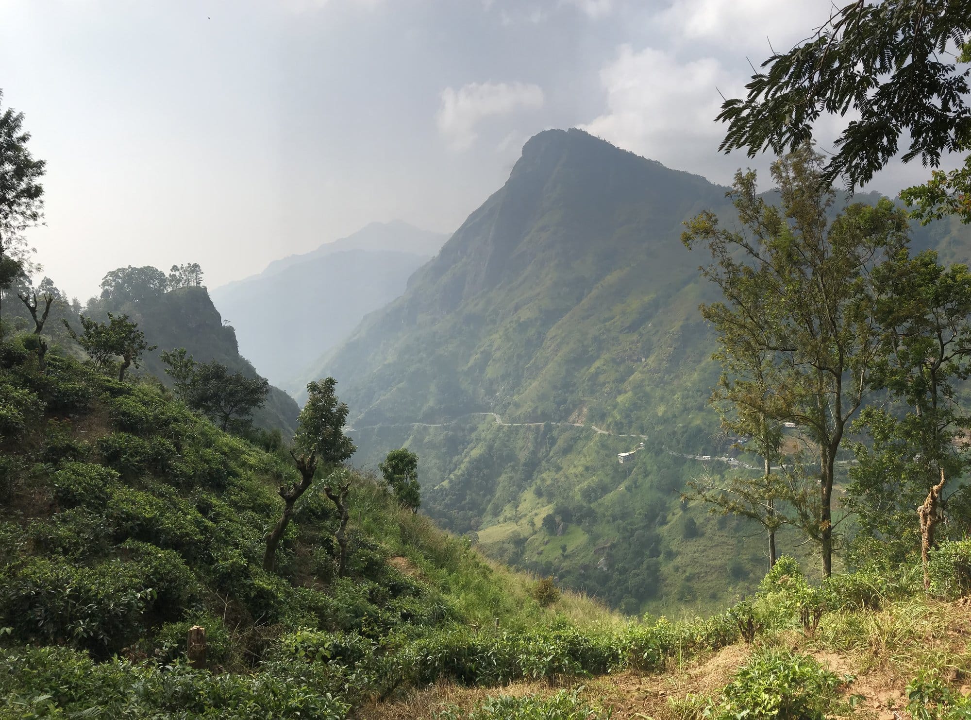 Dramatic steep valley with prominent conical peak shrouded in mist — Ella, Sri Lanka