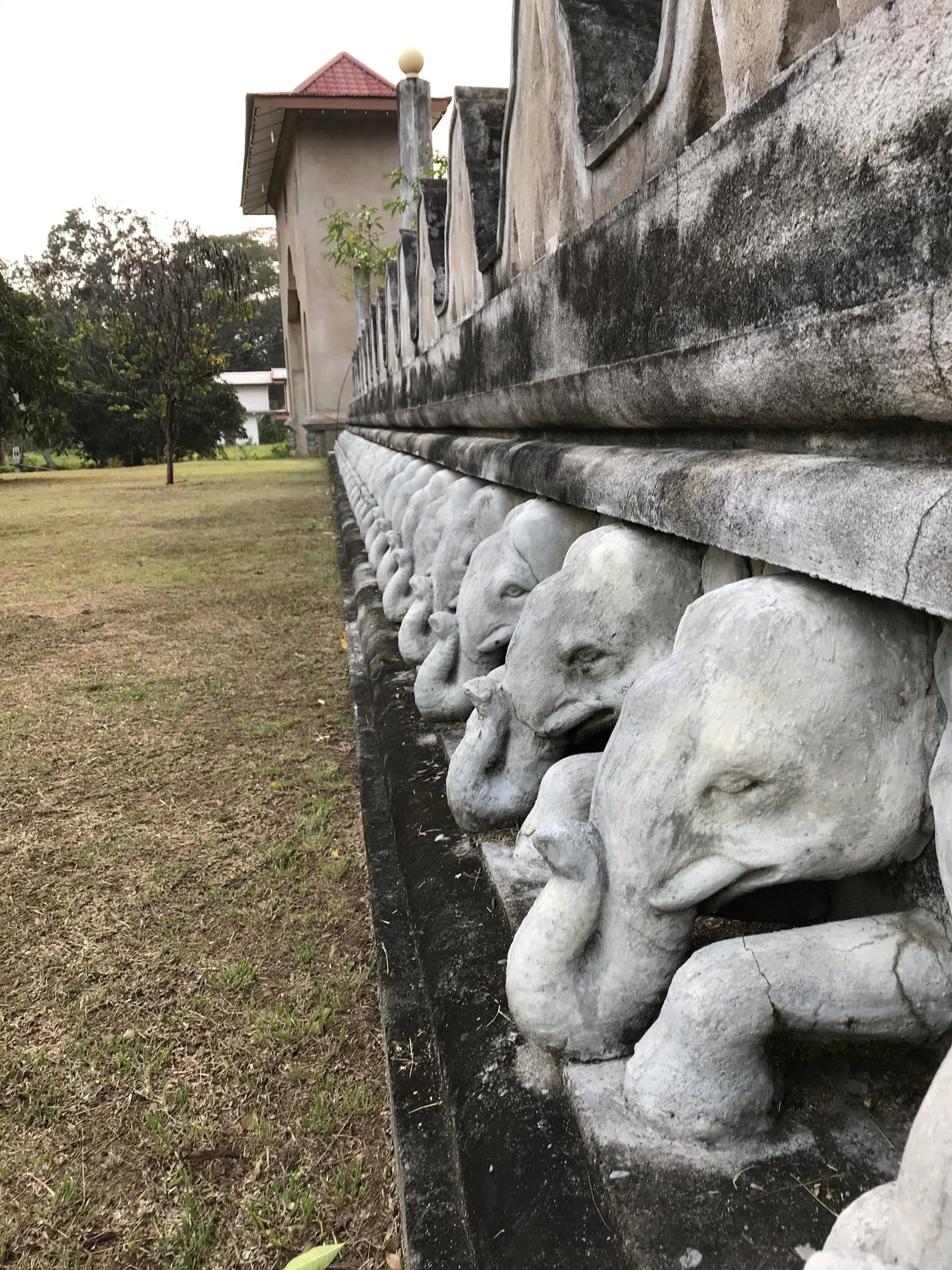 Ornate stone elephant heads carved as architectural frieze on an ancient temple base — Buduruwagala, Sri Lanka