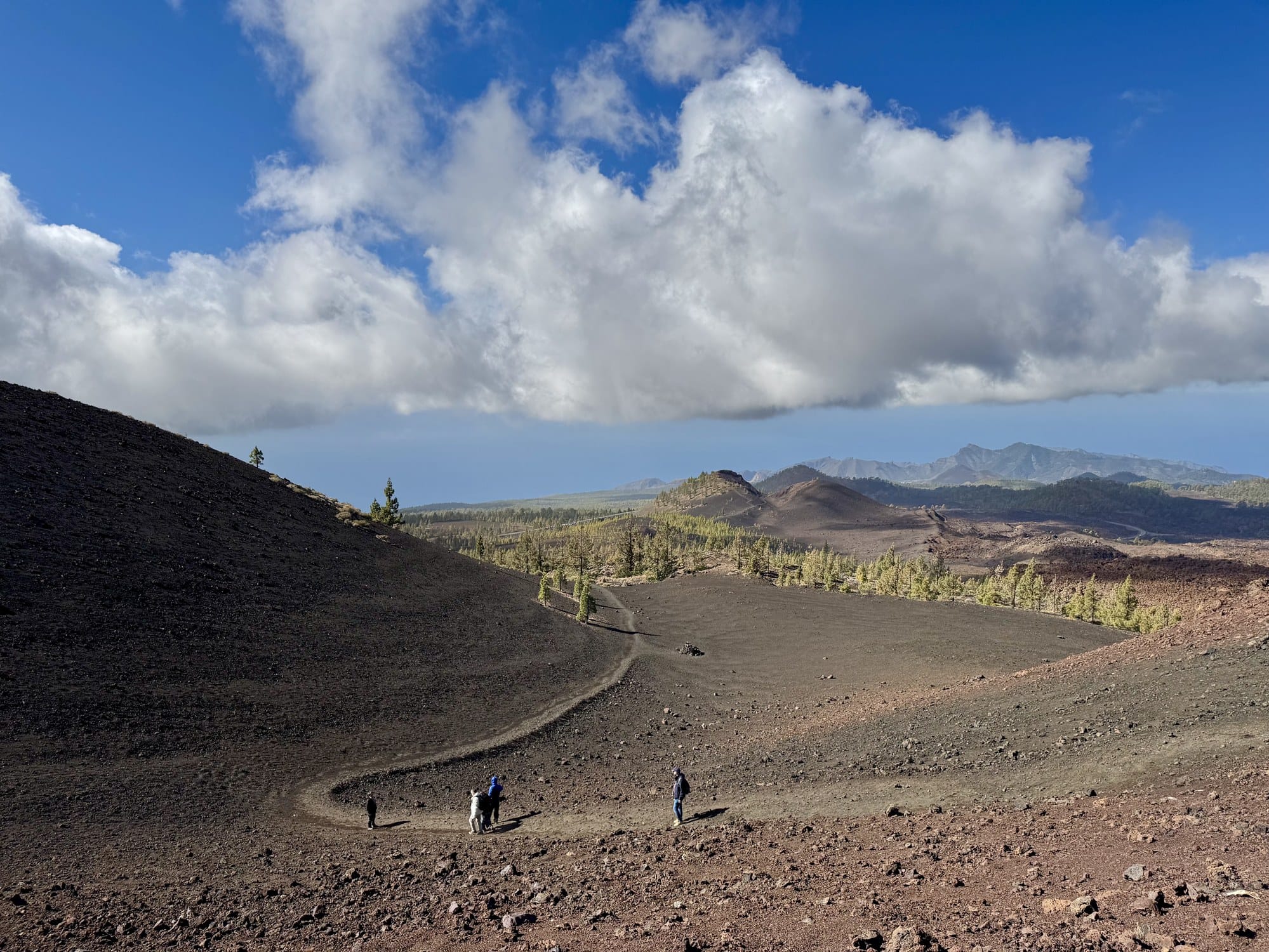 Hikers descending into the shallow volcanic crater of Montaña Samara, with Canary pine trees and dramatic clouds above — Teide National Park, Tenerife