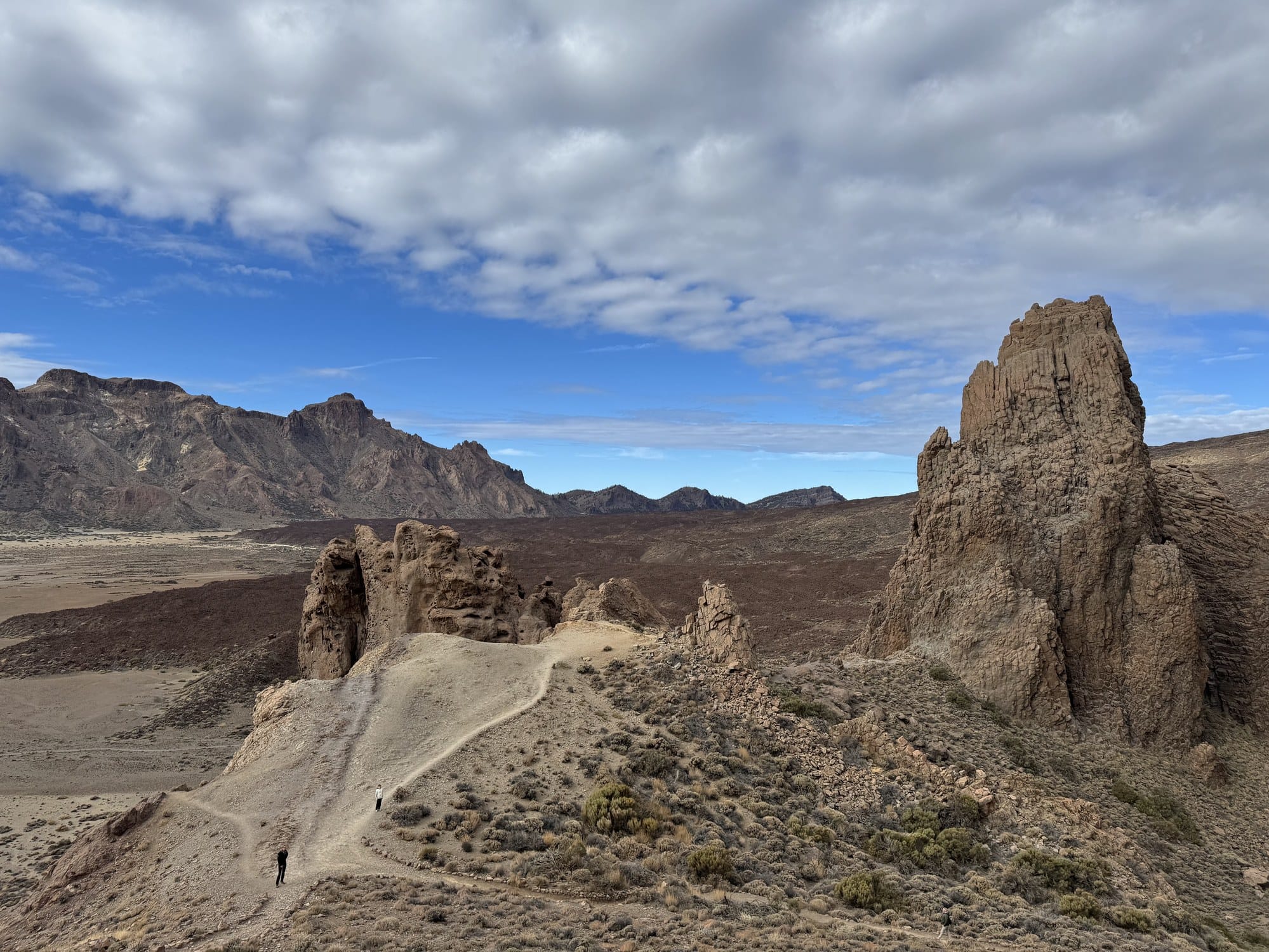 A wide view of the Roques de García trail with rock formations, sparse vegetation, and the caldera floor under a cloudy sky — Teide National Park, Tenerife