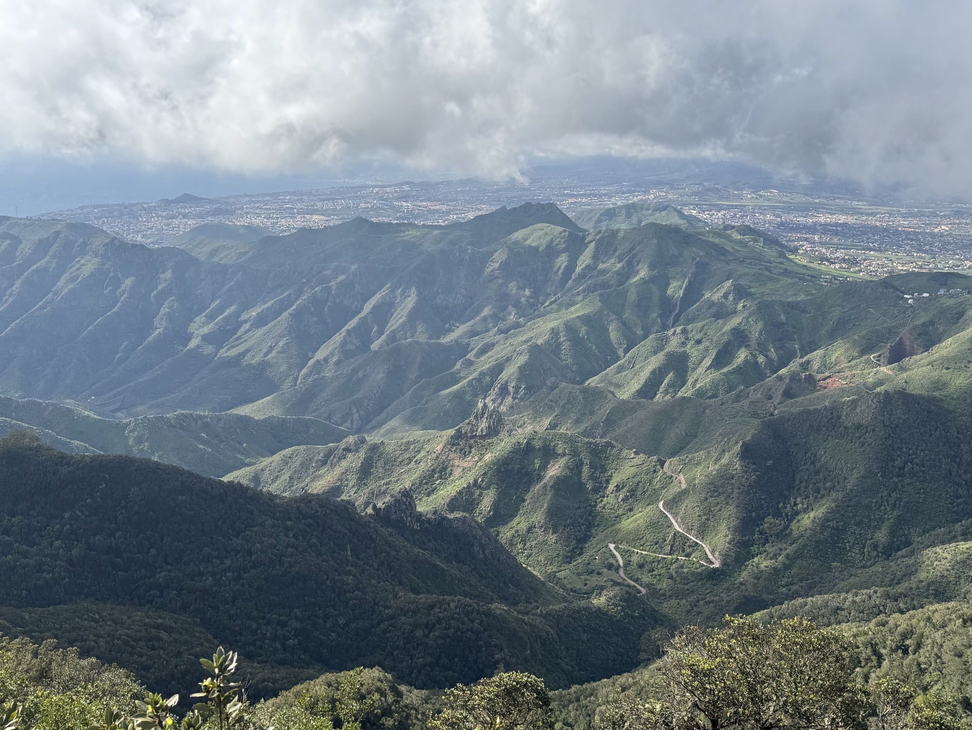 A sweeping view of folded green ridges and a winding mountain road in Anaga Rural Park, with the city of La Laguna visible in the distance — Tenerife