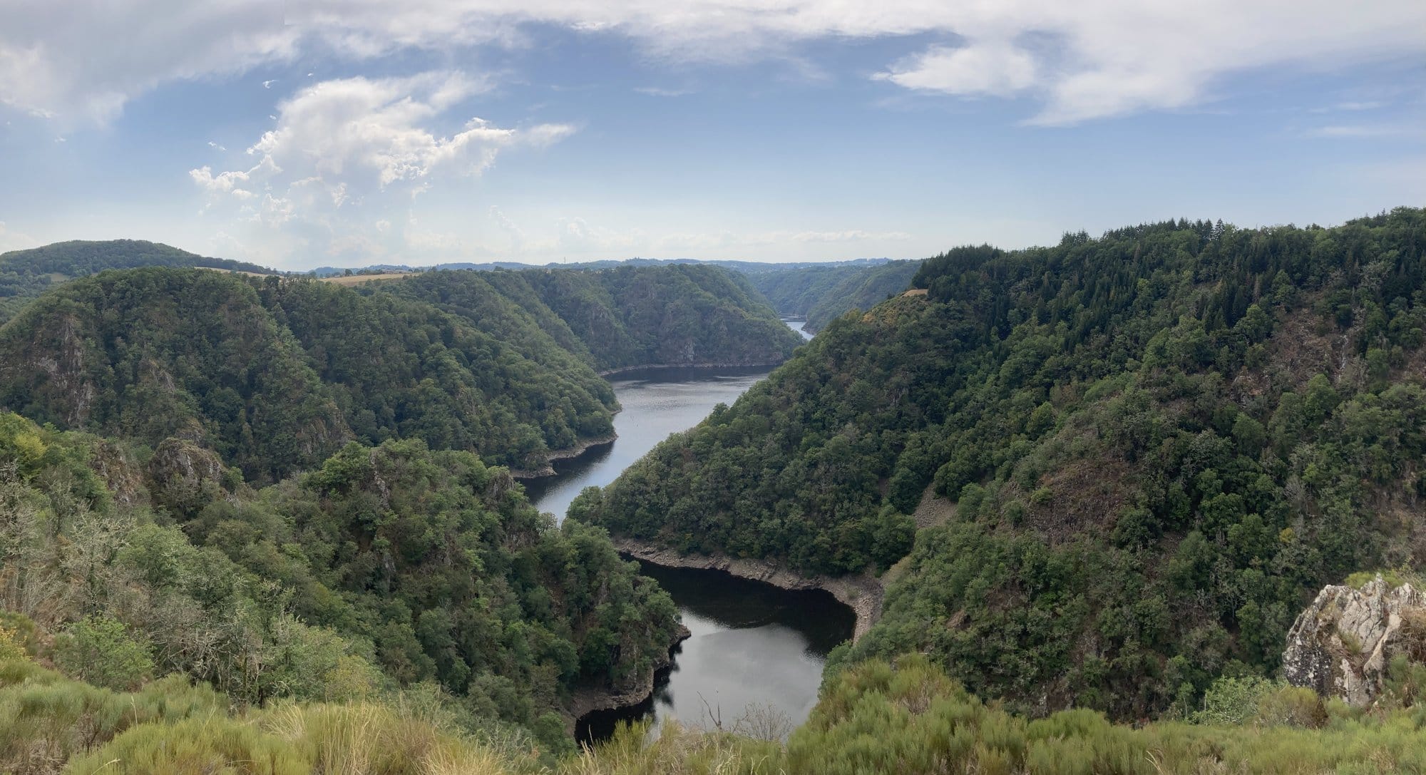 Panoramic view of the Dordogne river winding through its deep gorge, with forested hills rising on either side — Auvergne, France