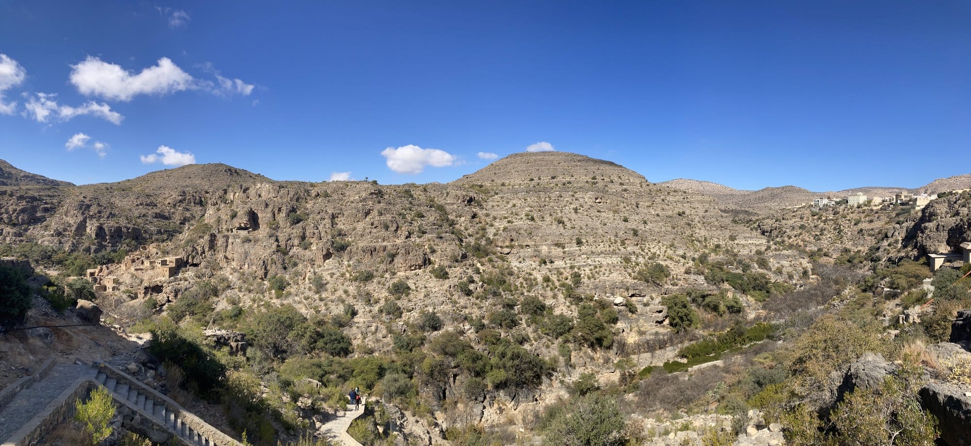 Panoramic mountain valley with terraced agriculture and scattered villages — Nizwá area, Oman