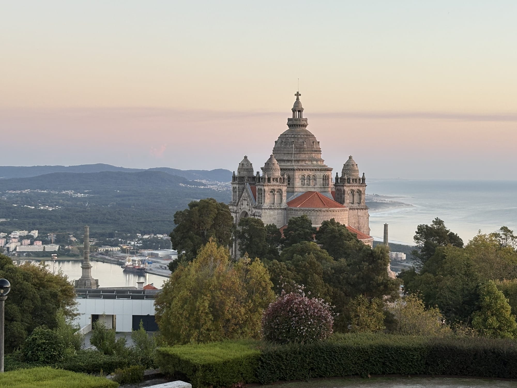 Basílica de Santa Luzia at sunset with panoramic ocean and city views — Monte Santa Luzia, Viana do Castelo
