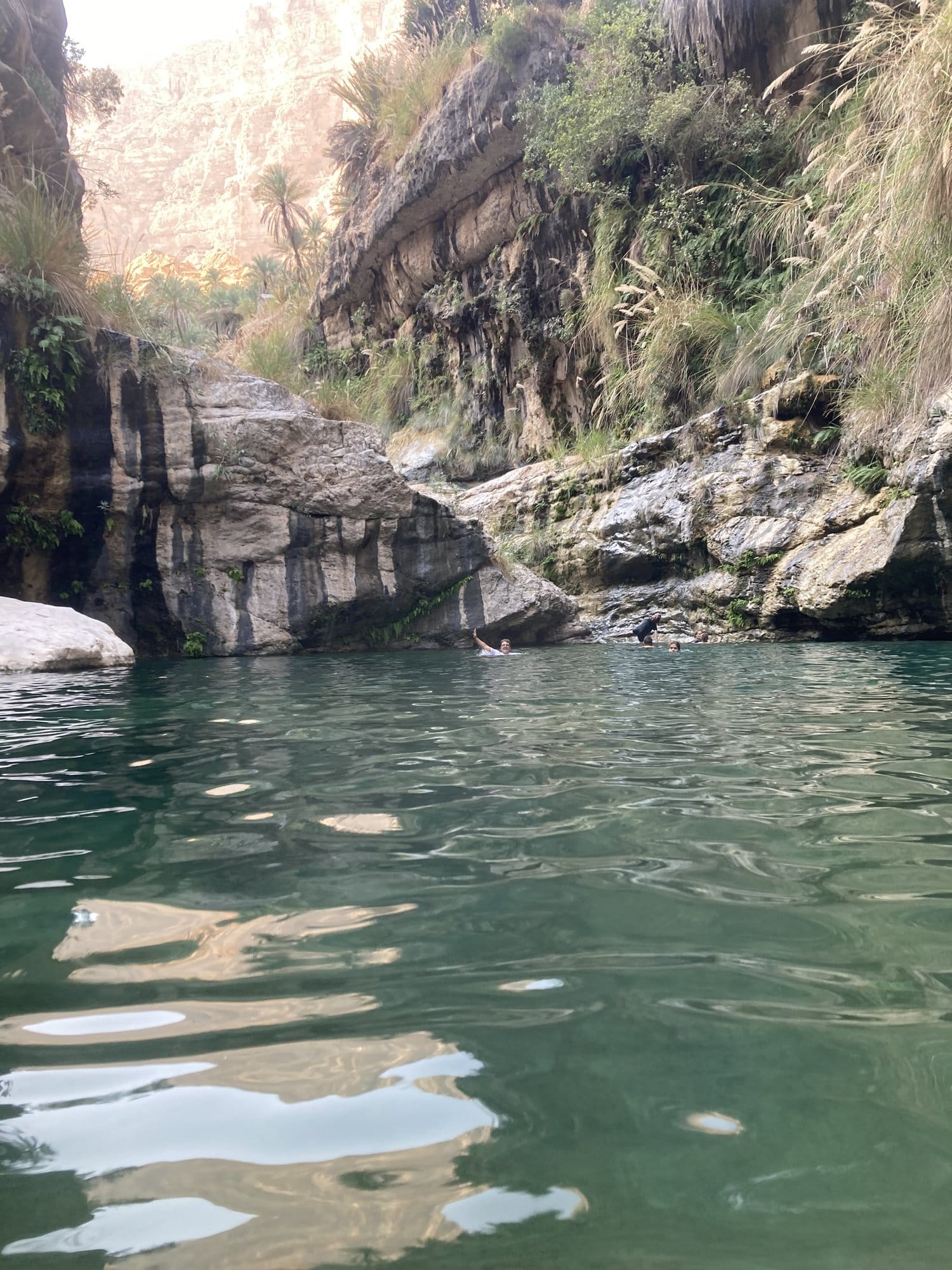 Swimmer in a deep emerald pool between the narrow canyon walls — Wadi Tiwi, Oman
