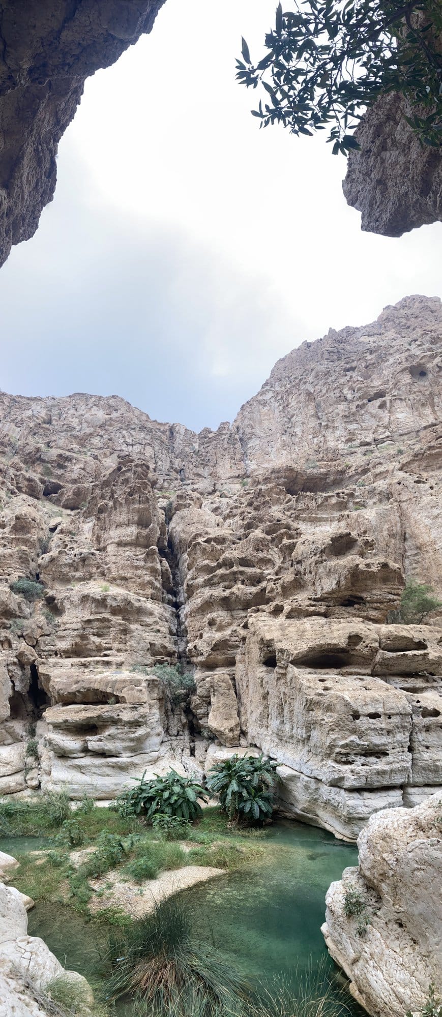 The deep emerald pool at the end of Wadi Shab canyon with a distant waterfall — Sur, Oman