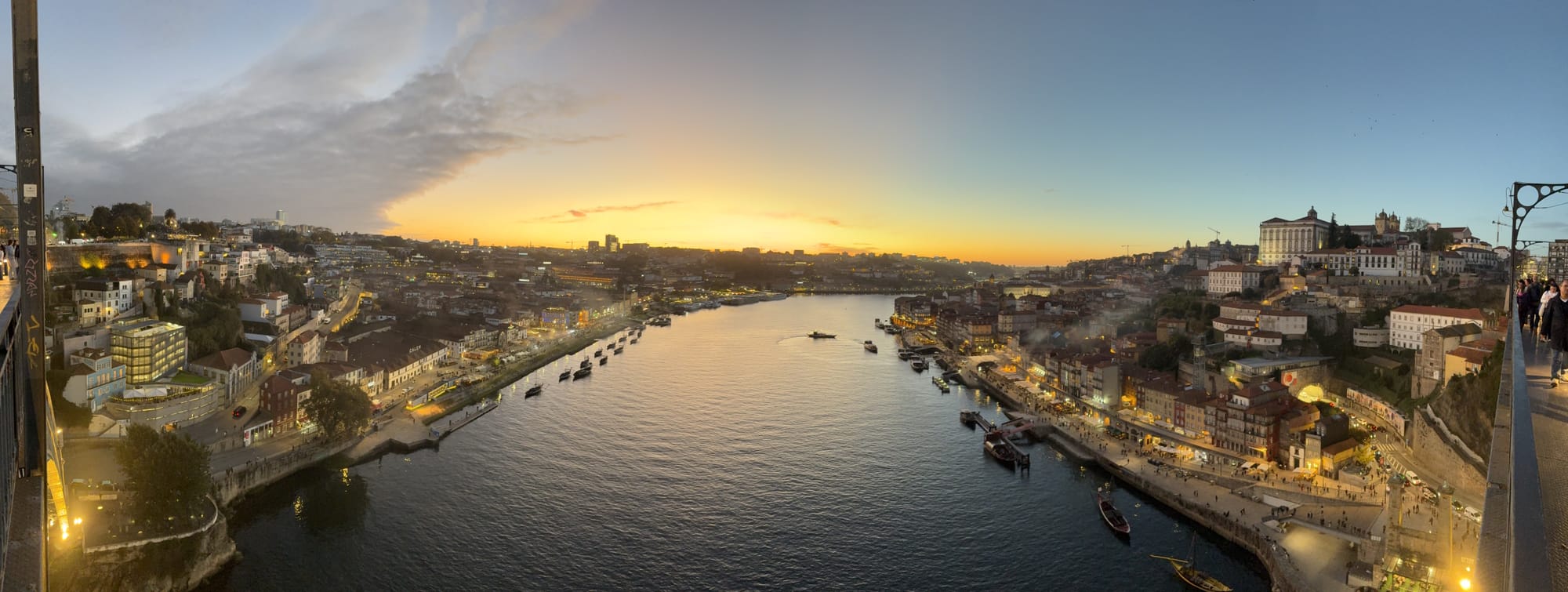 Panoramic sunset from Dom Luís I Bridge upper deck, Douro illuminated, Ribeira and Gaia on each side — Porto