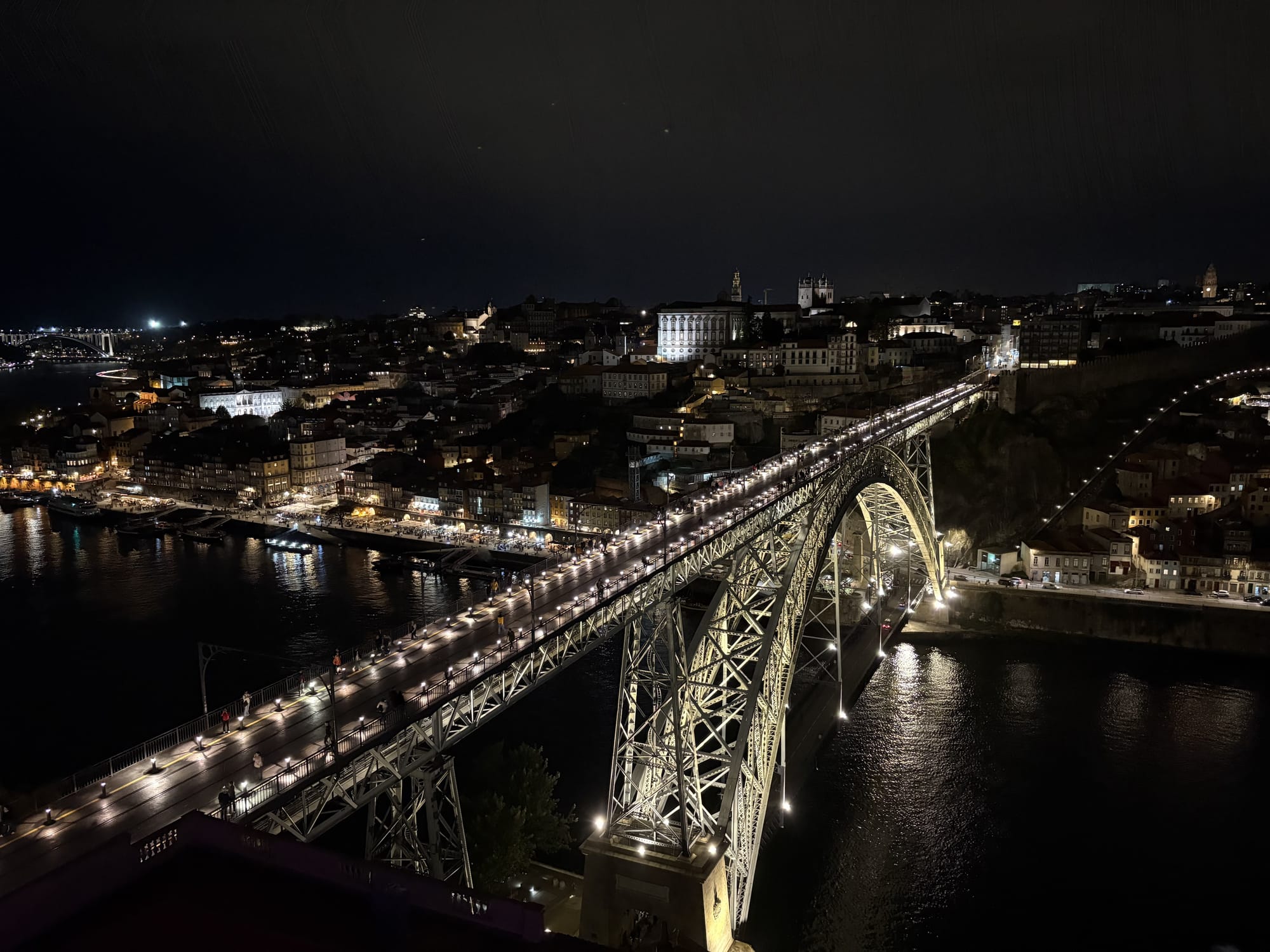 Dom Luís I Bridge illuminated at night with city lights reflected in the Douro — Porto, Portugal