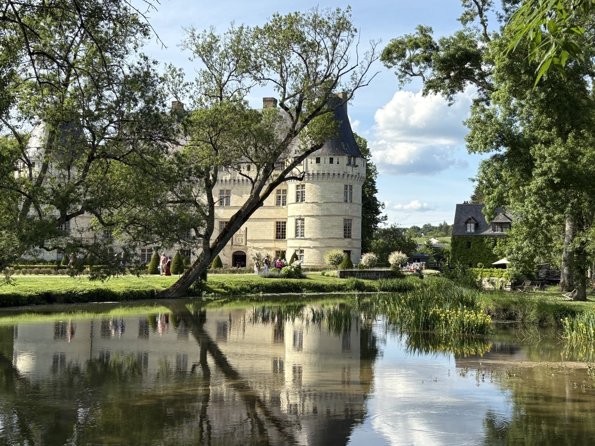 The Château de l'Islette reflected in its pond through the branches of a weeping willow, a small group of visitors on the front steps — Cheillé