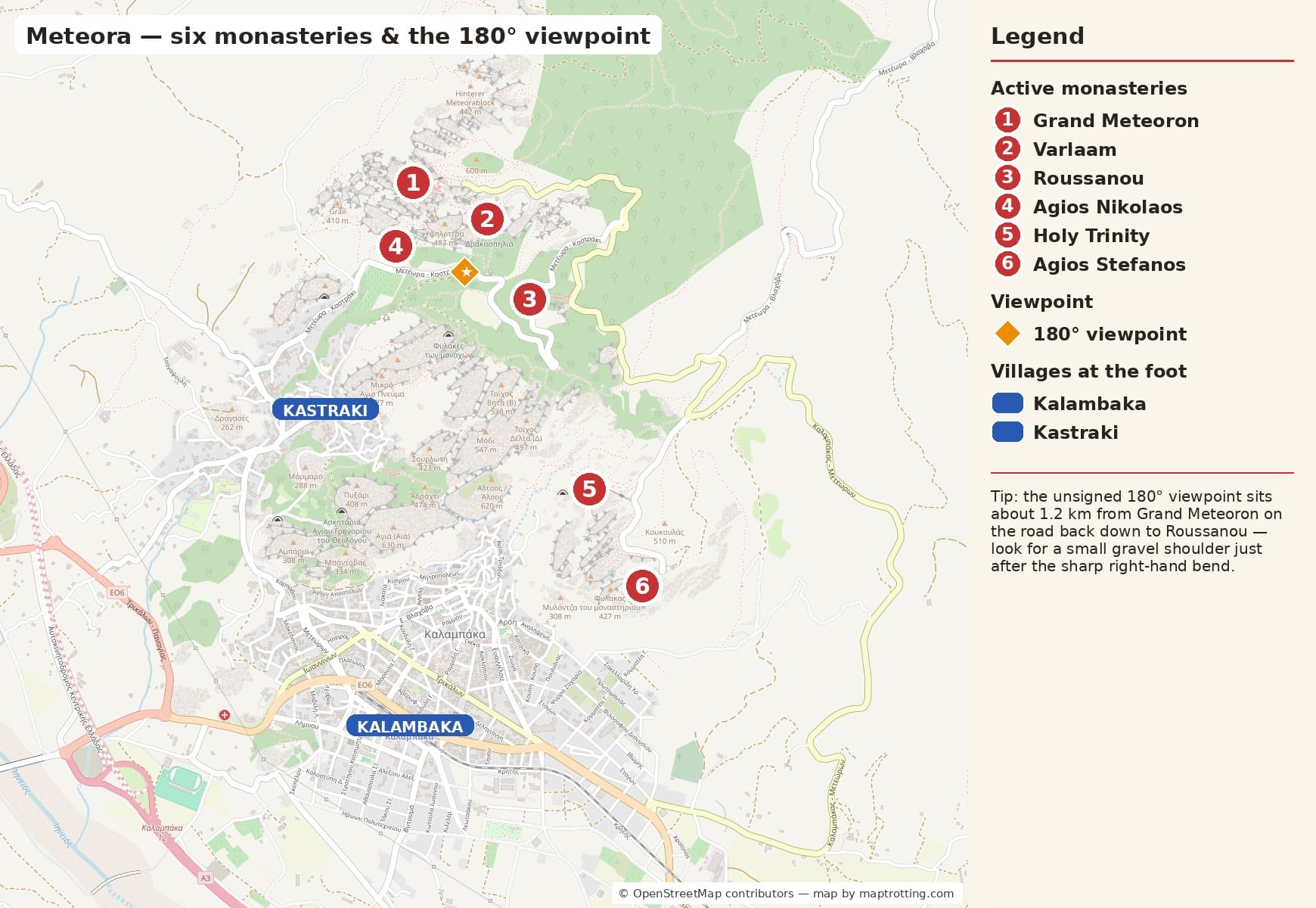 Carte de Meteora — six monastères actifs, deux villages et le belvédère à 180°