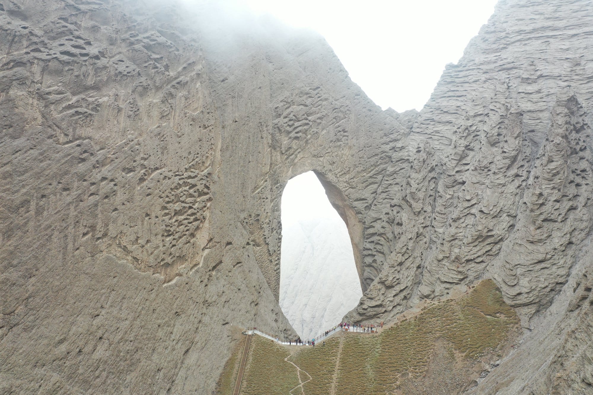 Shipton's Arch seen from above, the walkway and steps giving the scale of the opening. Shot with a DJI Mavic 2 Pro.