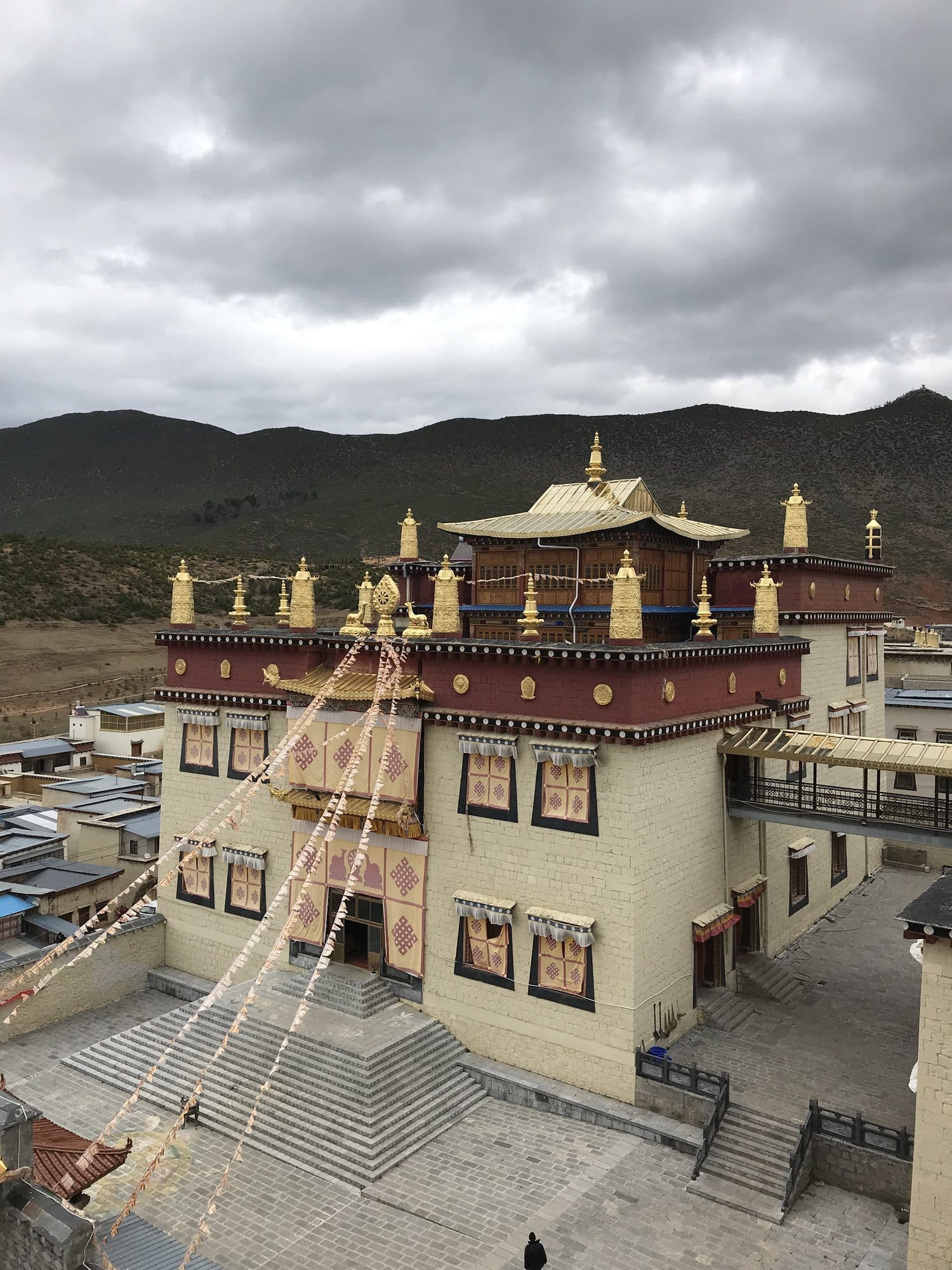 The gilded roofs of the main assembly hall, prayer flags strung above the steps.