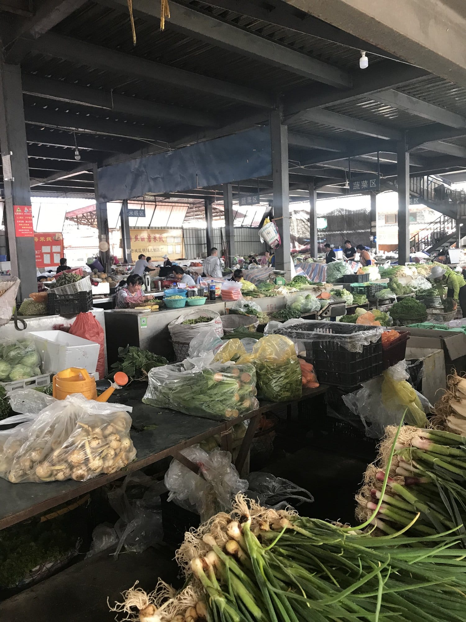 Inside the covered market, garlic and spring onions stacked on the stalls.