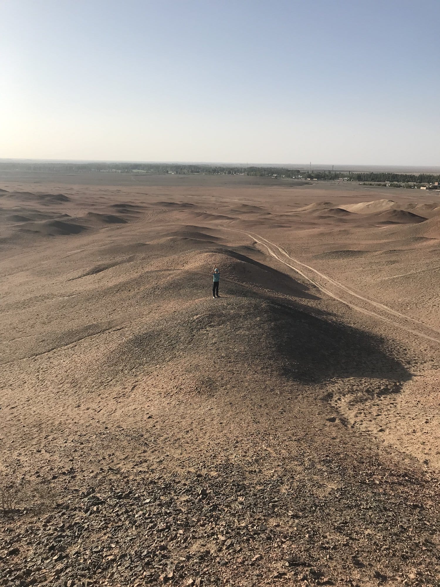 Brown and red gravel hills with a single figure on a crest, vehicle tracks below and the distant oasis.