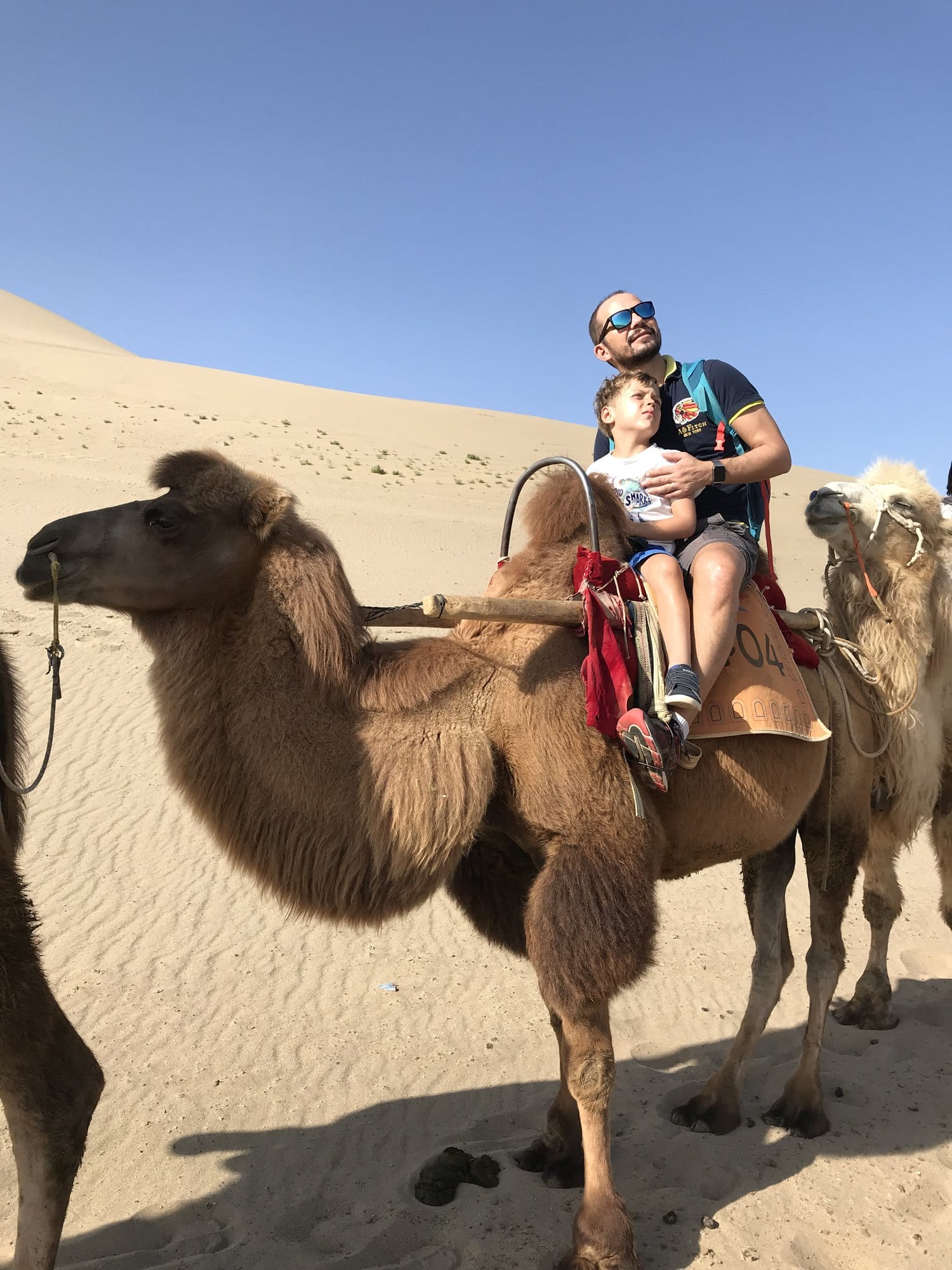 Two of us riding a saddled Bactrian camel in the dune field, with other camels in the train behind.