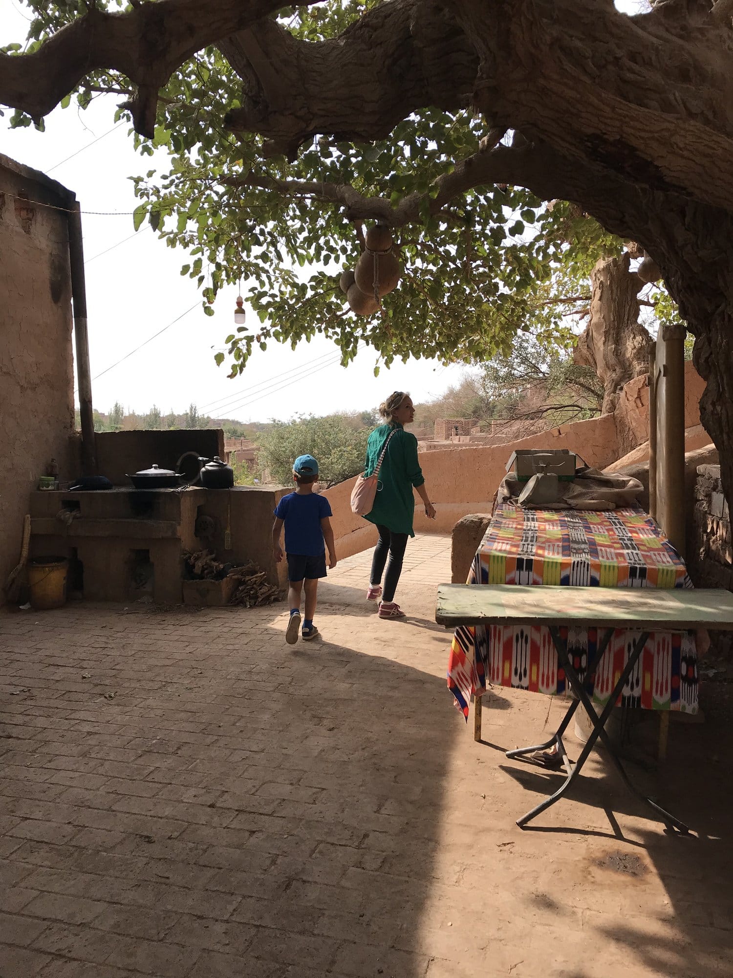 A courtyard under a big tree: a masonry hearth and tables laid with bright cloths.