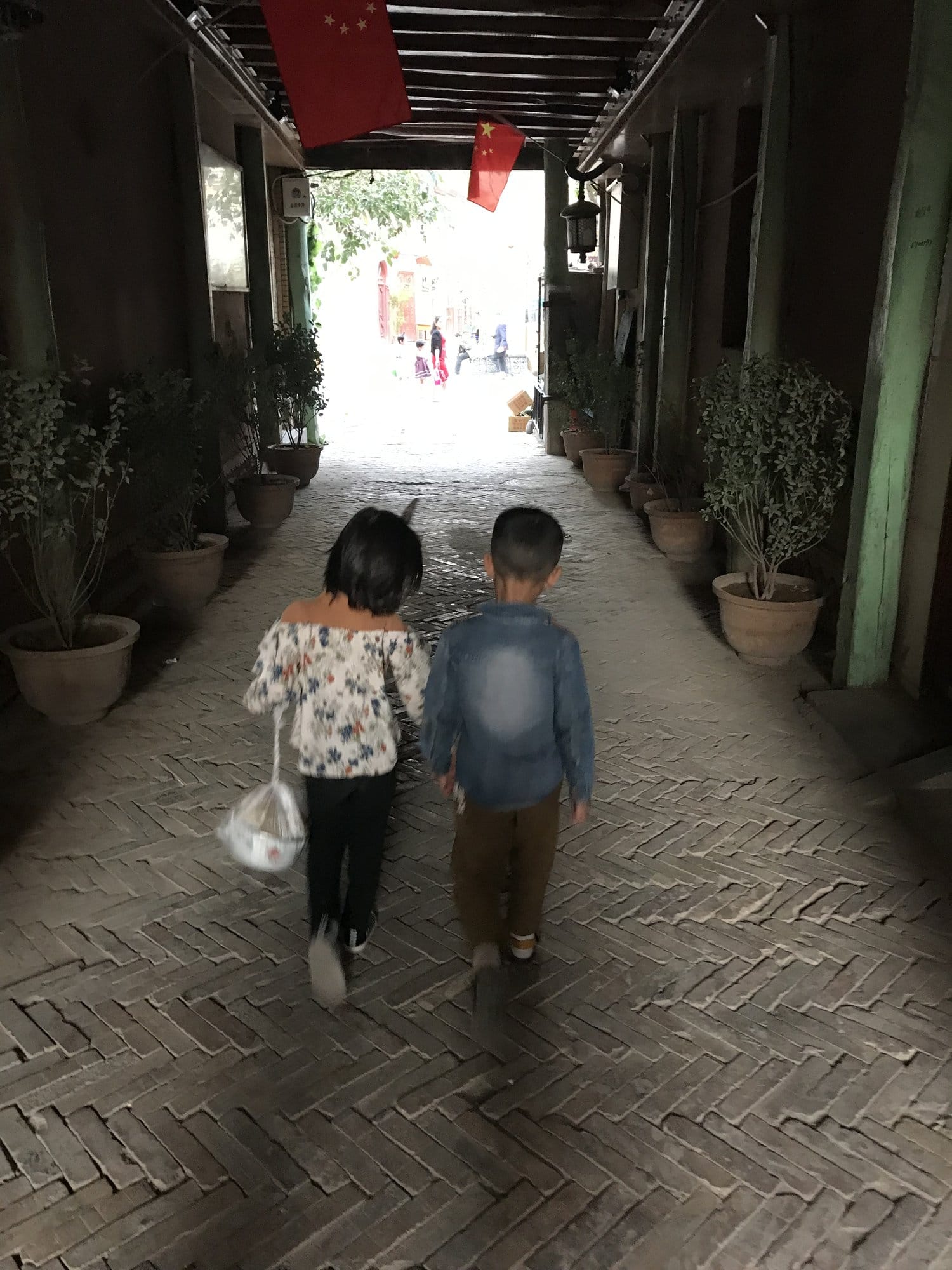 Two young children walking away down a covered paved passage lined with potted plants.