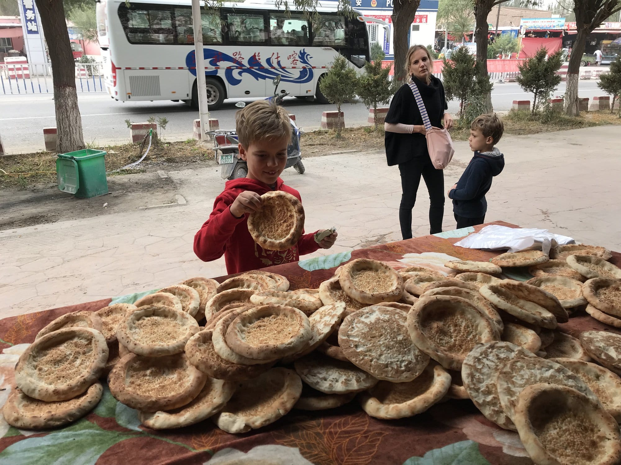 A roadside bread stall on the way out of Kashgar.