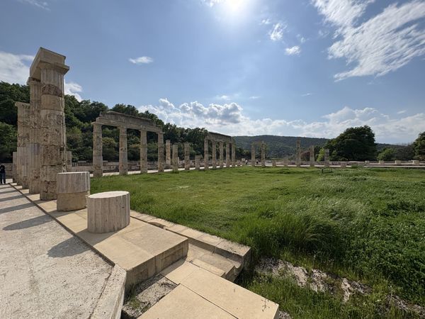 Reconstructed Ionic colonnade of the Sanctuary of Eukleia at the Vergina royal palace — Aigai, Greece