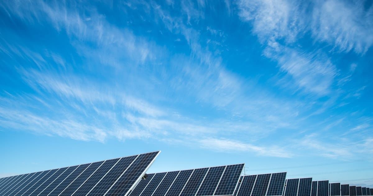 Rows of solar panels at a utility-scale solar farm