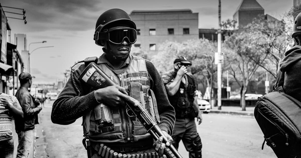 South African police officers on duty during a public order operation.