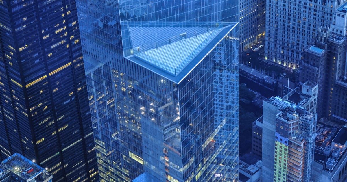 Financial district office towers at dusk
