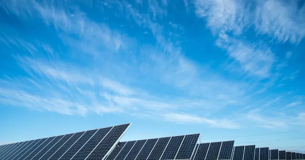 Rows of solar panels at a utility-scale solar farm