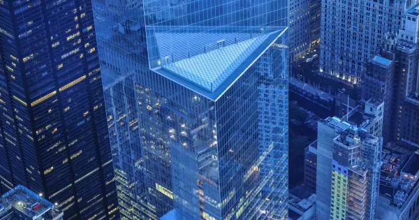 Financial district office towers at dusk