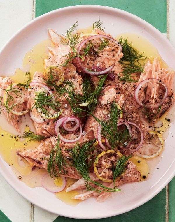 buttered salmon with red onion, capers and dill