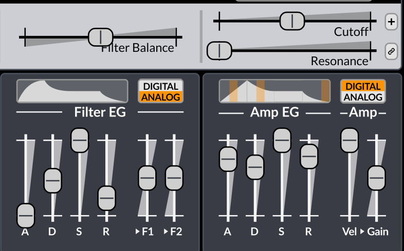 Screenshot of Surge XT showing filter balance, cutoff, resonance sliders, and Filter EG and Amp EG ADSR envelope sections.