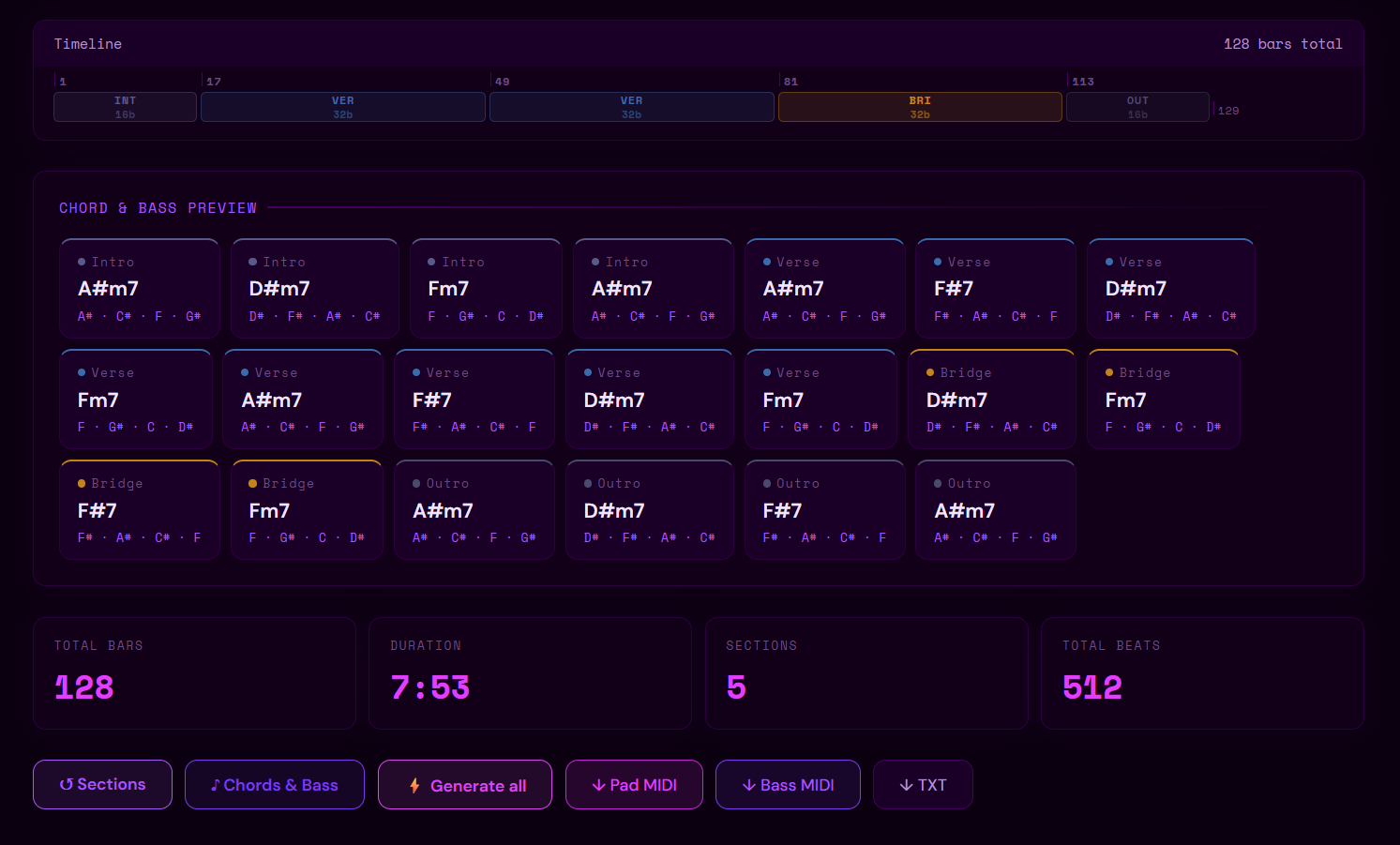 Track Builder chord and bass preview panel showing generated 7th chord progressions per section — Intro, Verse, Bridge, Outro — with MIDI export buttons for Pad MIDI, Bass MIDI, and TXT