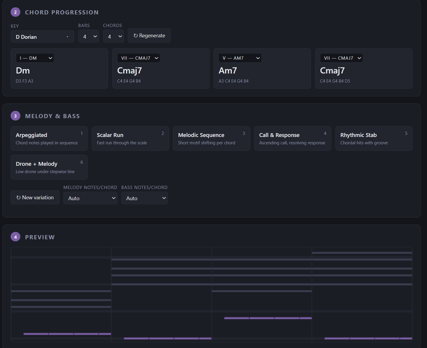 Ether Harmony chord progression builder showing Roman numeral chord cards with key and bars controls